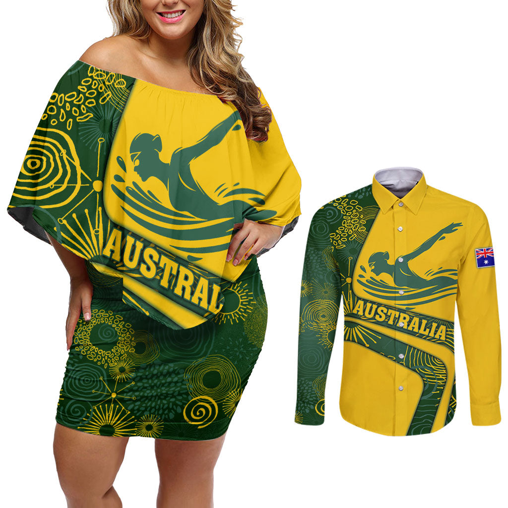 Personalized Australia Swimming Athlete Couples Matching Off Shoulder Short Dress and Long Sleeve Button Shirt Bold Swimmer Silhouette With Indigenous Pattern Accents