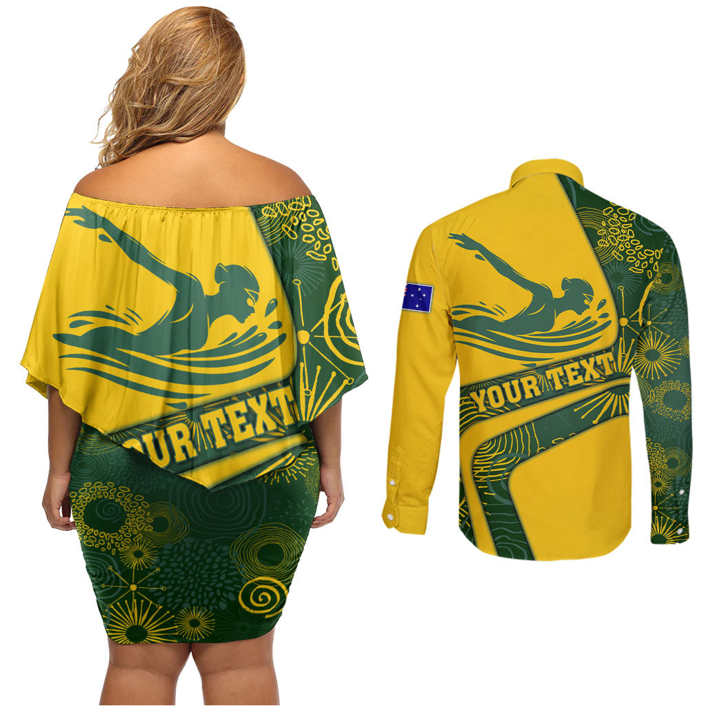 Personalized Australia Swimming Athlete Couples Matching Off Shoulder Short Dress and Long Sleeve Button Shirt Bold Swimmer Silhouette With Indigenous Pattern Accents