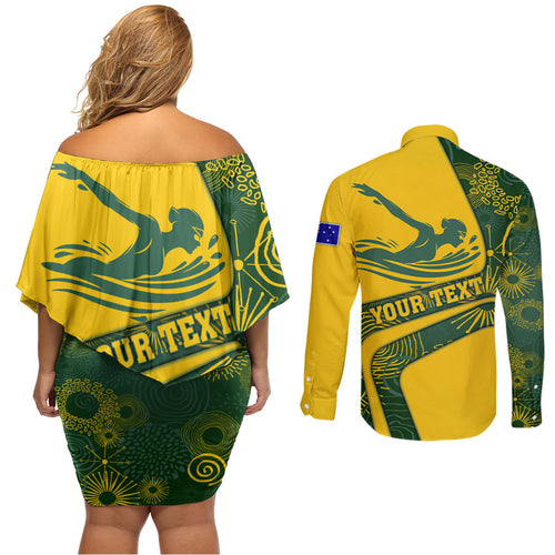 Personalized Australia Swimming Athlete Couples Matching Off Shoulder Short Dress and Long Sleeve Button Shirt Bold Swimmer Silhouette With Indigenous Pattern Accents