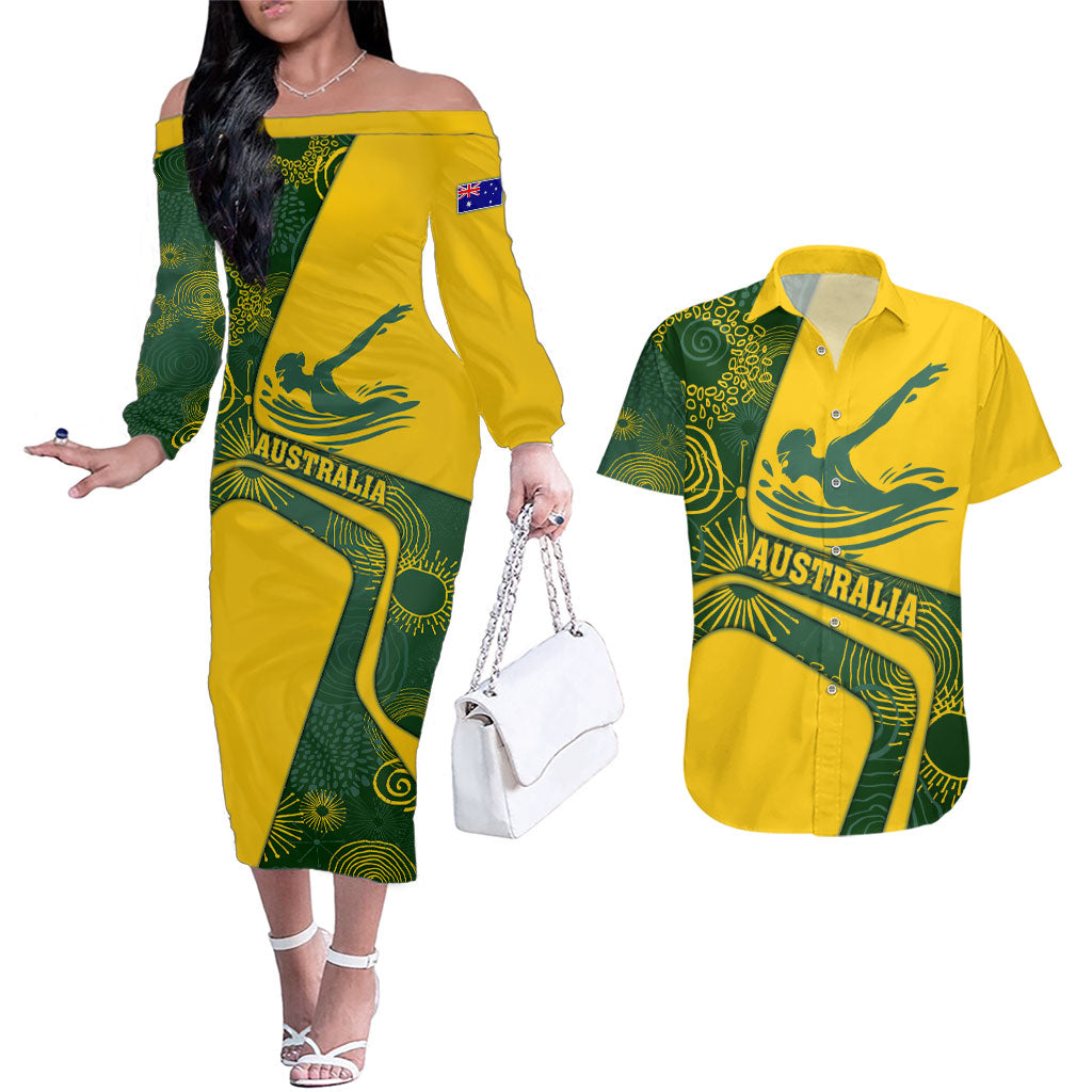 Personalized Australia Swimming Athlete Couples Matching Off The Shoulder Long Sleeve Dress and Hawaiian Shirt Bold Swimmer Silhouette With Indigenous Pattern Accents