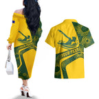 Personalized Australia Swimming Athlete Couples Matching Off The Shoulder Long Sleeve Dress and Hawaiian Shirt Bold Swimmer Silhouette With Indigenous Pattern Accents