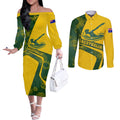 Personalized Australia Swimming Athlete Couples Matching Off The Shoulder Long Sleeve Dress and Long Sleeve Button Shirt Bold Swimmer Silhouette With Indigenous Pattern Accents
