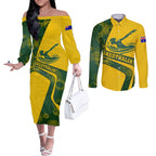 Personalized Australia Swimming Athlete Couples Matching Off The Shoulder Long Sleeve Dress and Long Sleeve Button Shirt Bold Swimmer Silhouette With Indigenous Pattern Accents