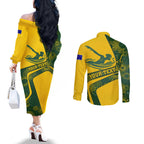 Personalized Australia Swimming Athlete Couples Matching Off The Shoulder Long Sleeve Dress and Long Sleeve Button Shirt Bold Swimmer Silhouette With Indigenous Pattern Accents
