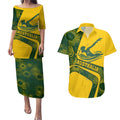 Personalized Australia Swimming Athlete Couples Matching Puletasi and Hawaiian Shirt Bold Swimmer Silhouette With Indigenous Pattern Accents