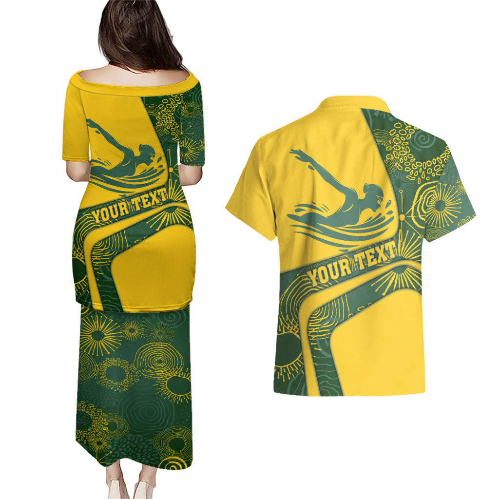 Personalized Australia Swimming Athlete Couples Matching Puletasi and Hawaiian Shirt Bold Swimmer Silhouette With Indigenous Pattern Accents
