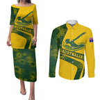 Personalized Australia Swimming Athlete Couples Matching Puletasi and Long Sleeve Button Shirt Bold Swimmer Silhouette With Indigenous Pattern Accents