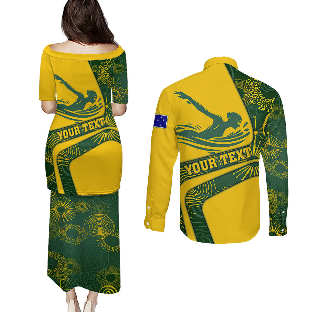 Personalized Australia Swimming Athlete Couples Matching Puletasi and Long Sleeve Button Shirt Bold Swimmer Silhouette With Indigenous Pattern Accents