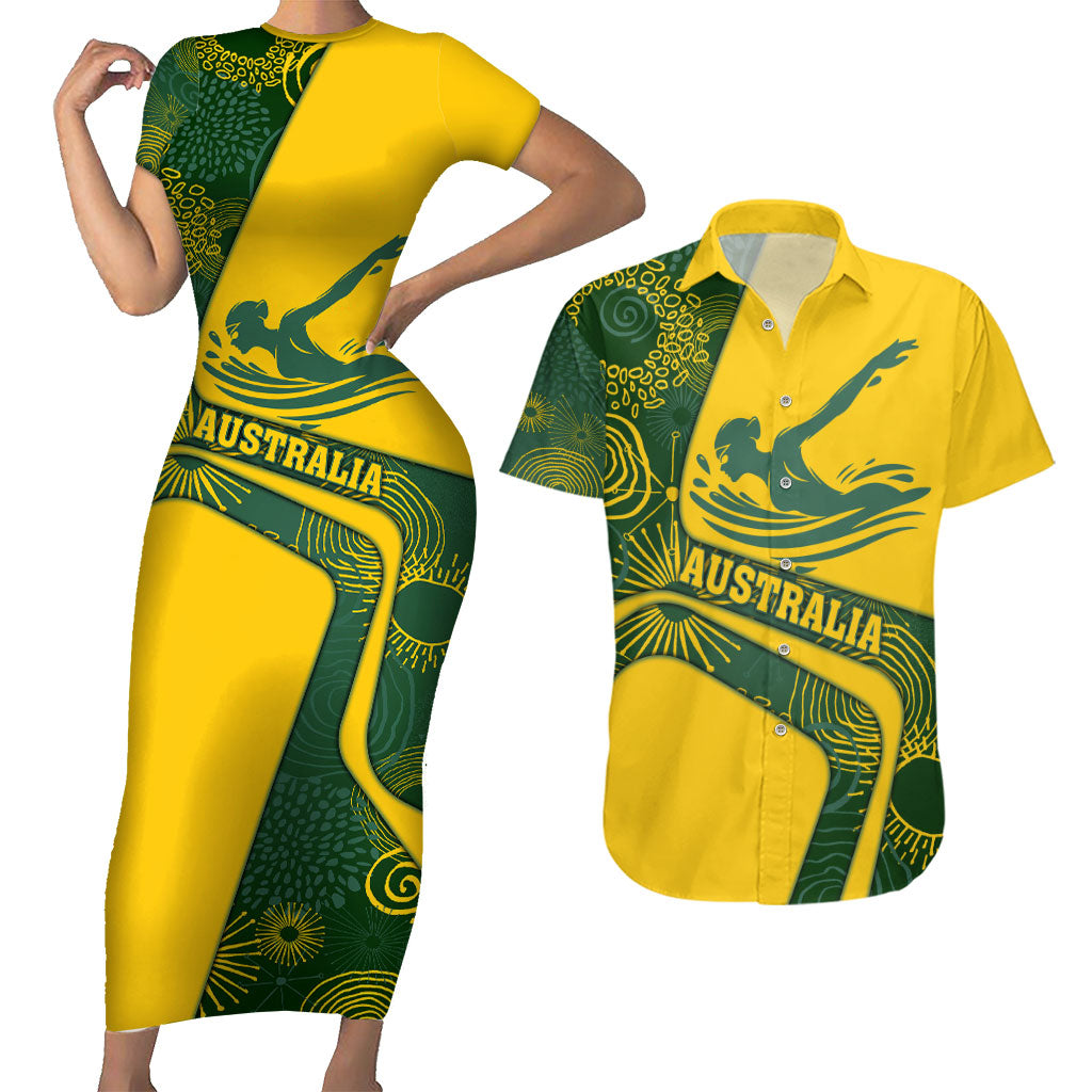 Personalized Australia Swimming Athlete Couples Matching Short Sleeve Bodycon Dress and Hawaiian Shirt Bold Swimmer Silhouette With Indigenous Pattern Accents