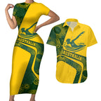 Personalized Australia Swimming Athlete Couples Matching Short Sleeve Bodycon Dress and Hawaiian Shirt Bold Swimmer Silhouette With Indigenous Pattern Accents