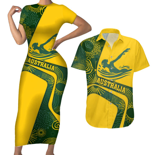 Personalized Australia Swimming Athlete Couples Matching Short Sleeve Bodycon Dress and Hawaiian Shirt Bold Swimmer Silhouette With Indigenous Pattern Accents