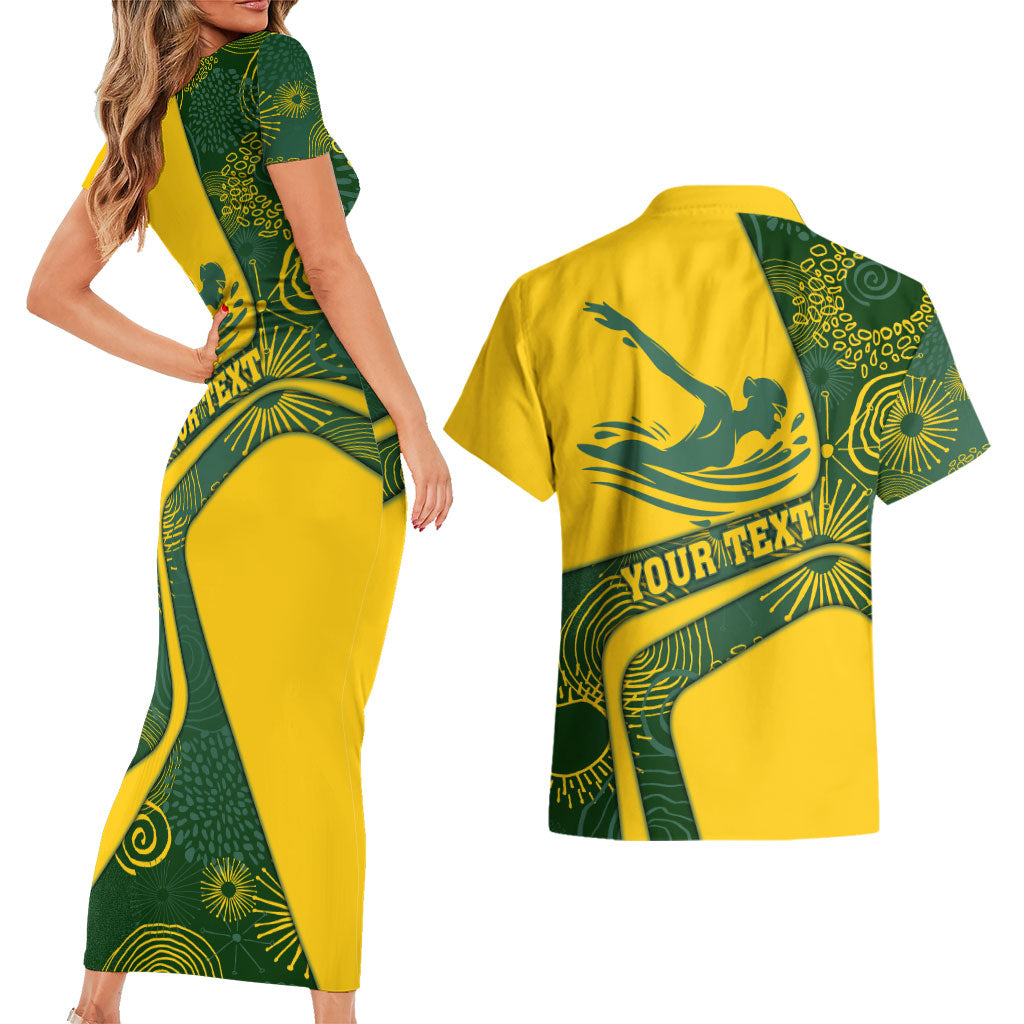 Personalized Australia Swimming Athlete Couples Matching Short Sleeve Bodycon Dress and Hawaiian Shirt Bold Swimmer Silhouette With Indigenous Pattern Accents