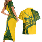 Personalized Australia Swimming Athlete Couples Matching Short Sleeve Bodycon Dress and Hawaiian Shirt Bold Swimmer Silhouette With Indigenous Pattern Accents
