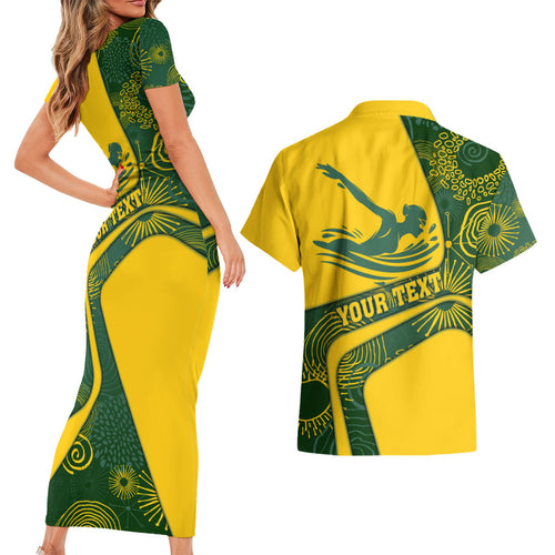 Personalized Australia Swimming Athlete Couples Matching Short Sleeve Bodycon Dress and Hawaiian Shirt Bold Swimmer Silhouette With Indigenous Pattern Accents