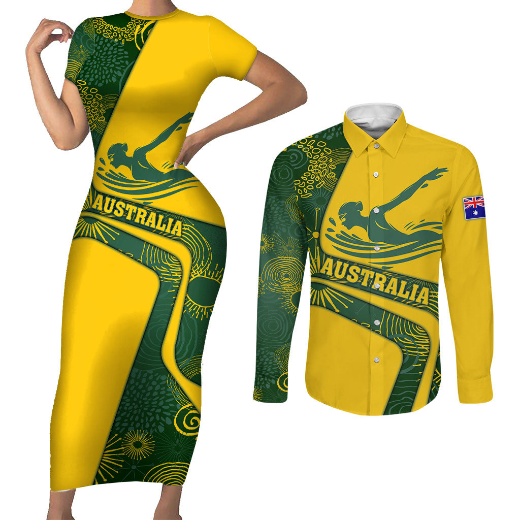Personalized Australia Swimming Athlete Couples Matching Short Sleeve Bodycon Dress and Long Sleeve Button Shirt Bold Swimmer Silhouette With Indigenous Pattern Accents