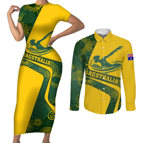 Personalized Australia Swimming Athlete Couples Matching Short Sleeve Bodycon Dress and Long Sleeve Button Shirt Bold Swimmer Silhouette With Indigenous Pattern Accents