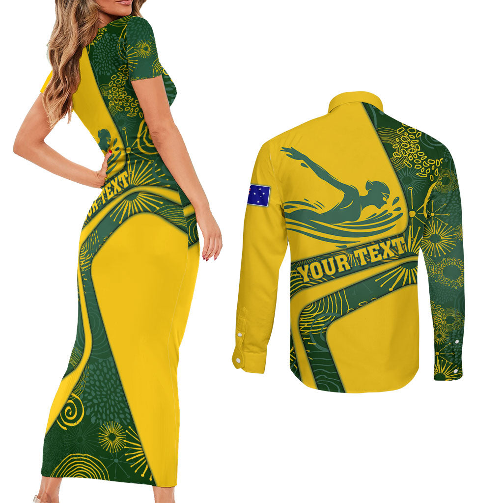 Personalized Australia Swimming Athlete Couples Matching Short Sleeve Bodycon Dress and Long Sleeve Button Shirt Bold Swimmer Silhouette With Indigenous Pattern Accents