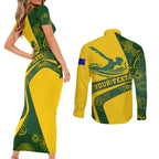 Personalized Australia Swimming Athlete Couples Matching Short Sleeve Bodycon Dress and Long Sleeve Button Shirt Bold Swimmer Silhouette With Indigenous Pattern Accents