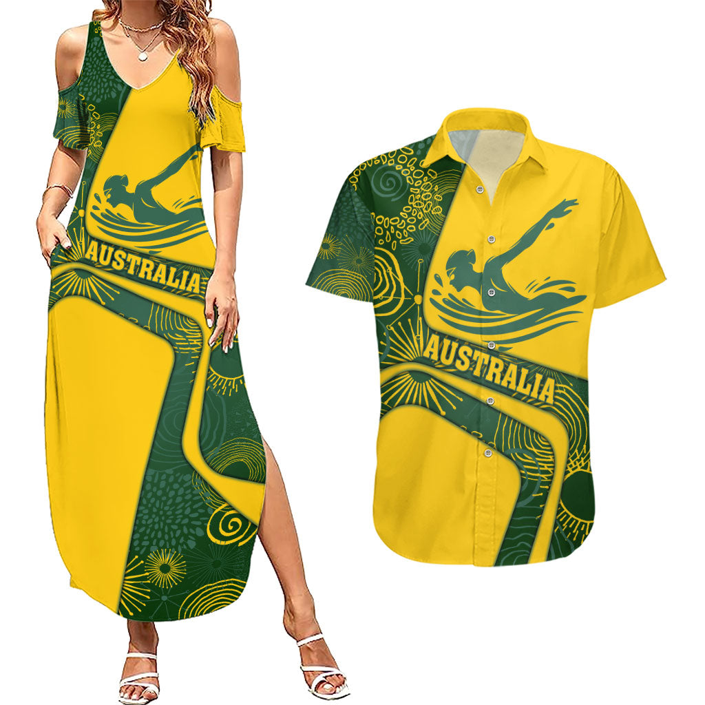 Personalized Australia Swimming Athlete Couples Matching Summer Maxi Dress and Hawaiian Shirt Bold Swimmer Silhouette With Indigenous Pattern Accents