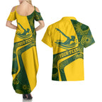 Personalized Australia Swimming Athlete Couples Matching Summer Maxi Dress and Hawaiian Shirt Bold Swimmer Silhouette With Indigenous Pattern Accents