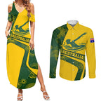 Personalized Australia Swimming Athlete Couples Matching Summer Maxi Dress and Long Sleeve Button Shirt Bold Swimmer Silhouette With Indigenous Pattern Accents