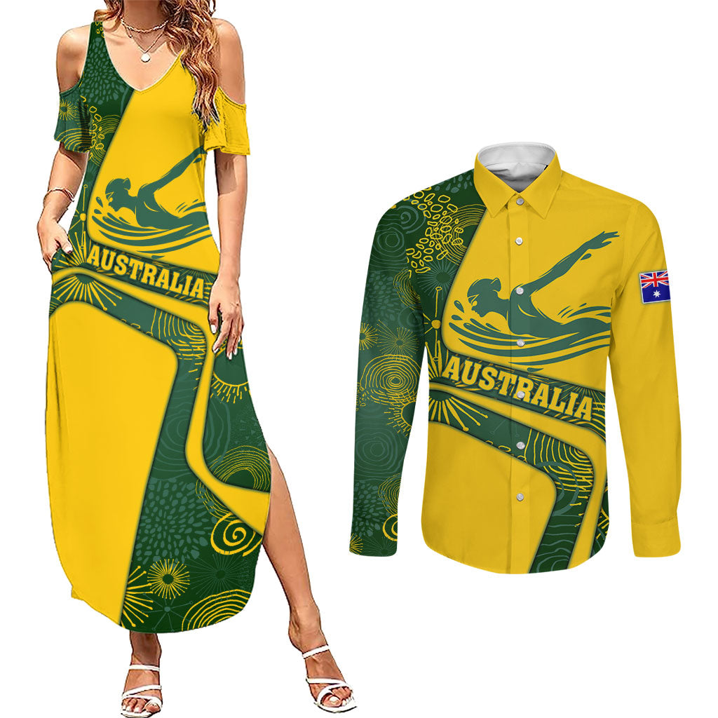 Personalized Australia Swimming Athlete Couples Matching Summer Maxi Dress and Long Sleeve Button Shirt Bold Swimmer Silhouette With Indigenous Pattern Accents