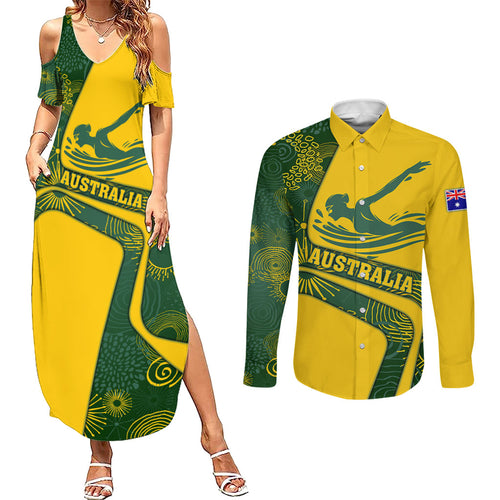 Personalized Australia Swimming Athlete Couples Matching Summer Maxi Dress and Long Sleeve Button Shirt Bold Swimmer Silhouette With Indigenous Pattern Accents