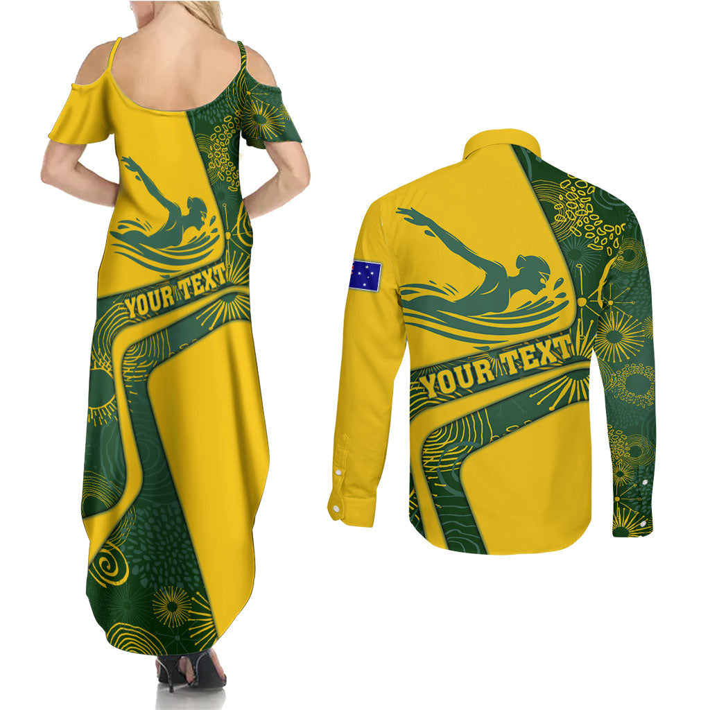 Personalized Australia Swimming Athlete Couples Matching Summer Maxi Dress and Long Sleeve Button Shirt Bold Swimmer Silhouette With Indigenous Pattern Accents