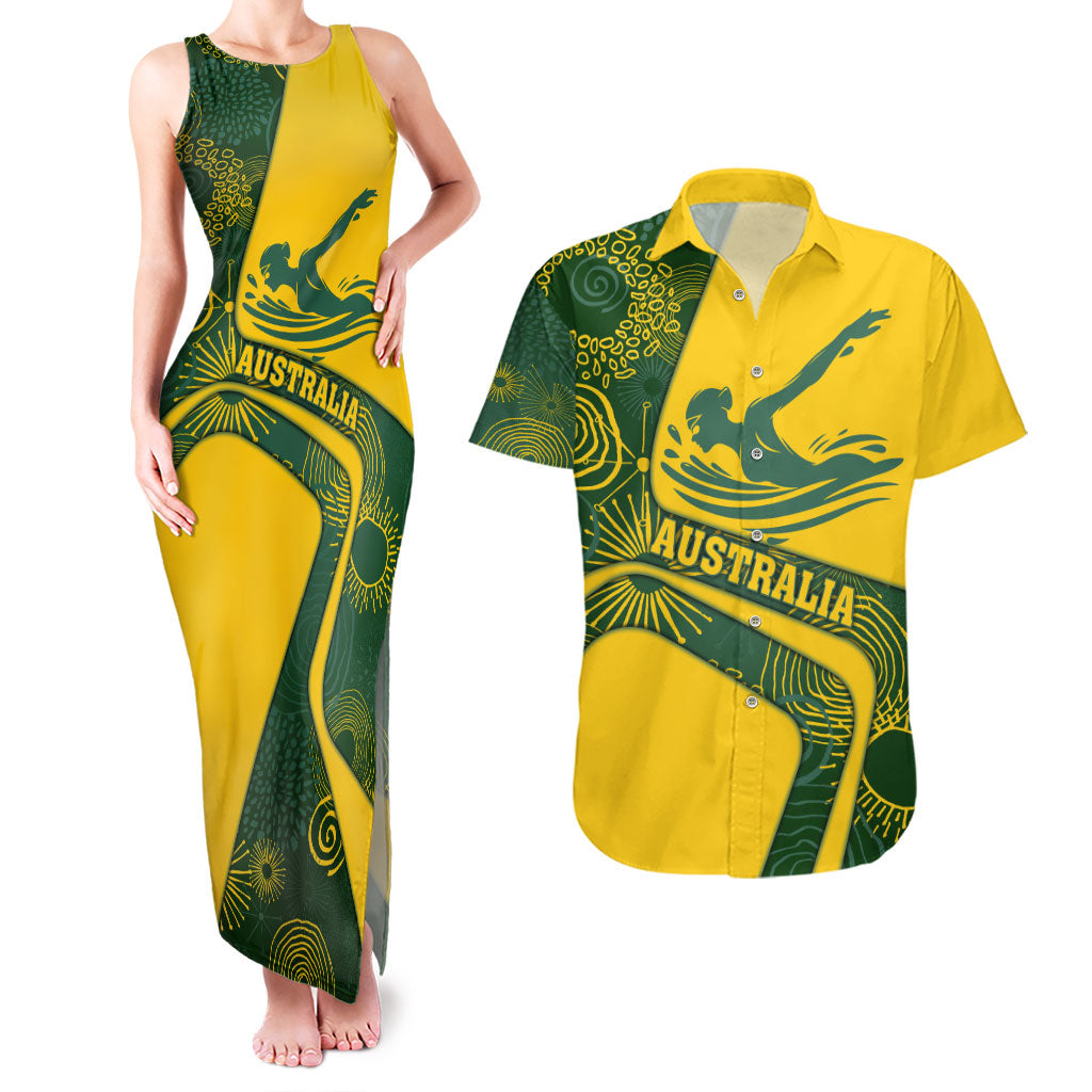 Personalized Australia Swimming Athlete Couples Matching Tank Maxi Dress and Hawaiian Shirt Bold Swimmer Silhouette With Indigenous Pattern Accents