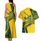 Personalized Australia Swimming Athlete Couples Matching Tank Maxi Dress and Hawaiian Shirt Bold Swimmer Silhouette With Indigenous Pattern Accents