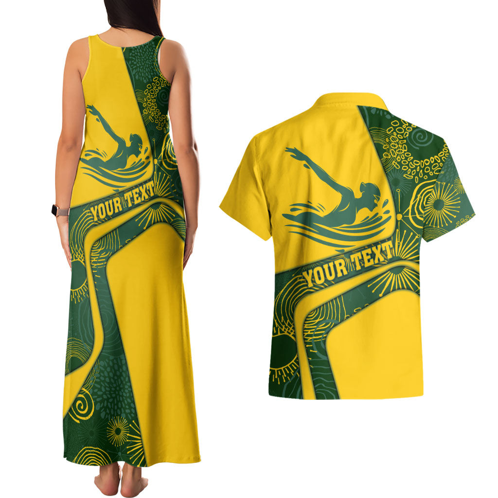 Personalized Australia Swimming Athlete Couples Matching Tank Maxi Dress and Hawaiian Shirt Bold Swimmer Silhouette With Indigenous Pattern Accents