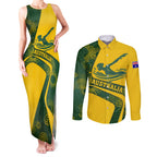 Personalized Australia Swimming Athlete Couples Matching Tank Maxi Dress and Long Sleeve Button Shirt Bold Swimmer Silhouette With Indigenous Pattern Accents