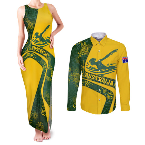 Personalized Australia Swimming Athlete Couples Matching Tank Maxi Dress and Long Sleeve Button Shirt Bold Swimmer Silhouette With Indigenous Pattern Accents