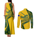 Personalized Australia Swimming Athlete Couples Matching Tank Maxi Dress and Long Sleeve Button Shirt Bold Swimmer Silhouette With Indigenous Pattern Accents