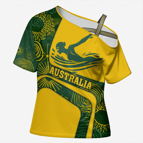 Personalized Australia Swimming Athlete Cross Shoulder Shirt Bold Swimmer Silhouette With Indigenous Pattern Accents