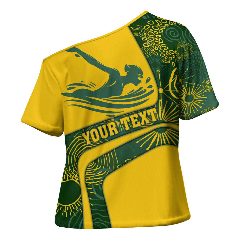 Personalized Australia Swimming Athlete Cross Shoulder Shirt Bold Swimmer Silhouette With Indigenous Pattern Accents