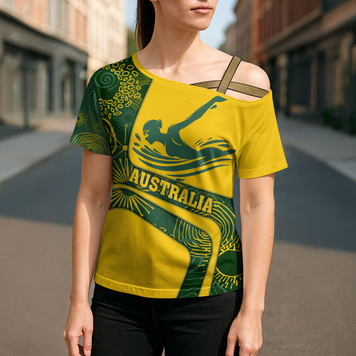 Personalized Australia Swimming Athlete Cross Shoulder Shirt Bold Swimmer Silhouette With Indigenous Pattern Accents