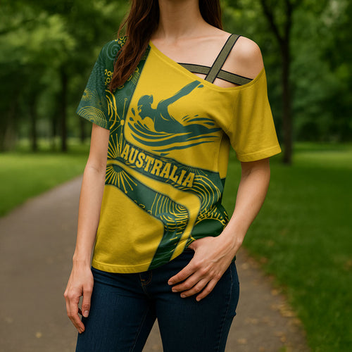 Personalized Australia Swimming Athlete Cross Shoulder Shirt Bold Swimmer Silhouette With Indigenous Pattern Accents