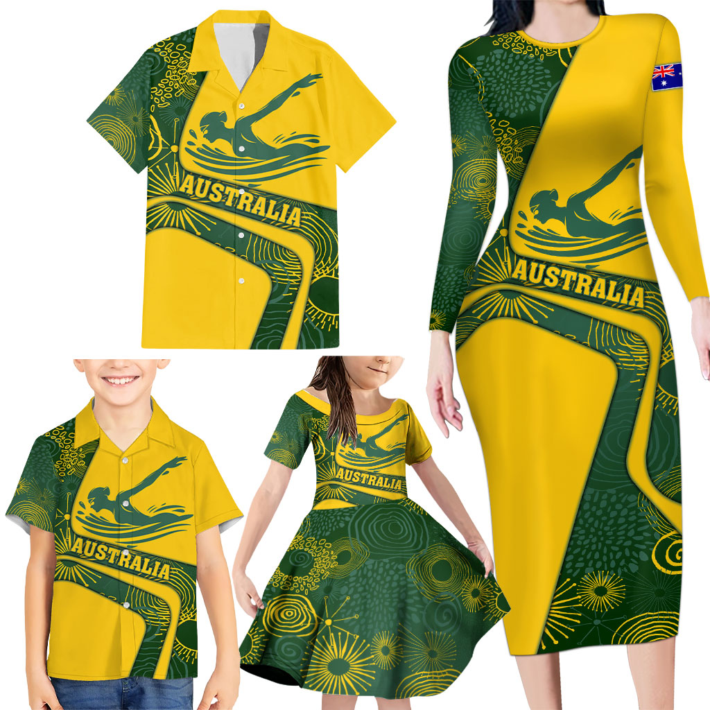 Personalized Australia Swimming Athlete Family Matching Long Sleeve Bodycon Dress and Hawaiian Shirt Bold Swimmer Silhouette With Indigenous Pattern Accents