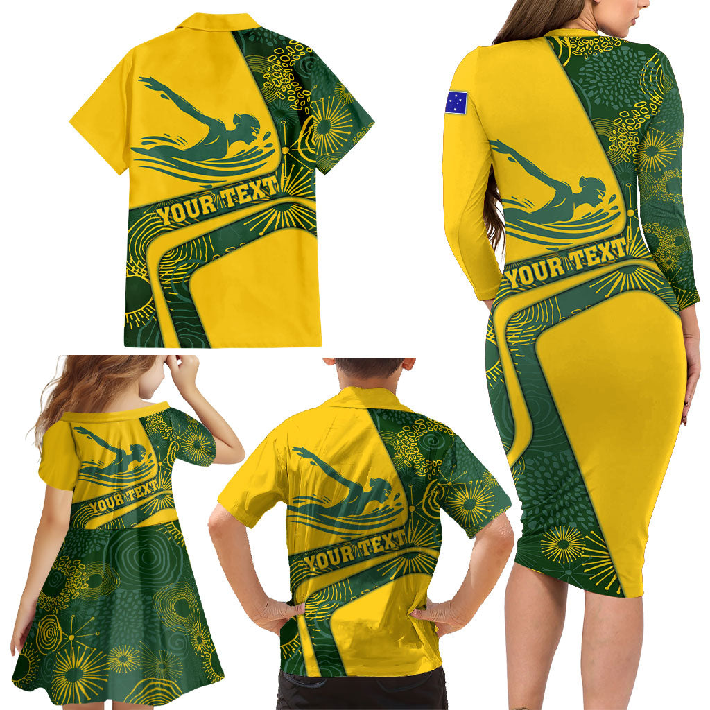 Personalized Australia Swimming Athlete Family Matching Long Sleeve Bodycon Dress and Hawaiian Shirt Bold Swimmer Silhouette With Indigenous Pattern Accents