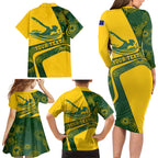Personalized Australia Swimming Athlete Family Matching Long Sleeve Bodycon Dress and Hawaiian Shirt Bold Swimmer Silhouette With Indigenous Pattern Accents