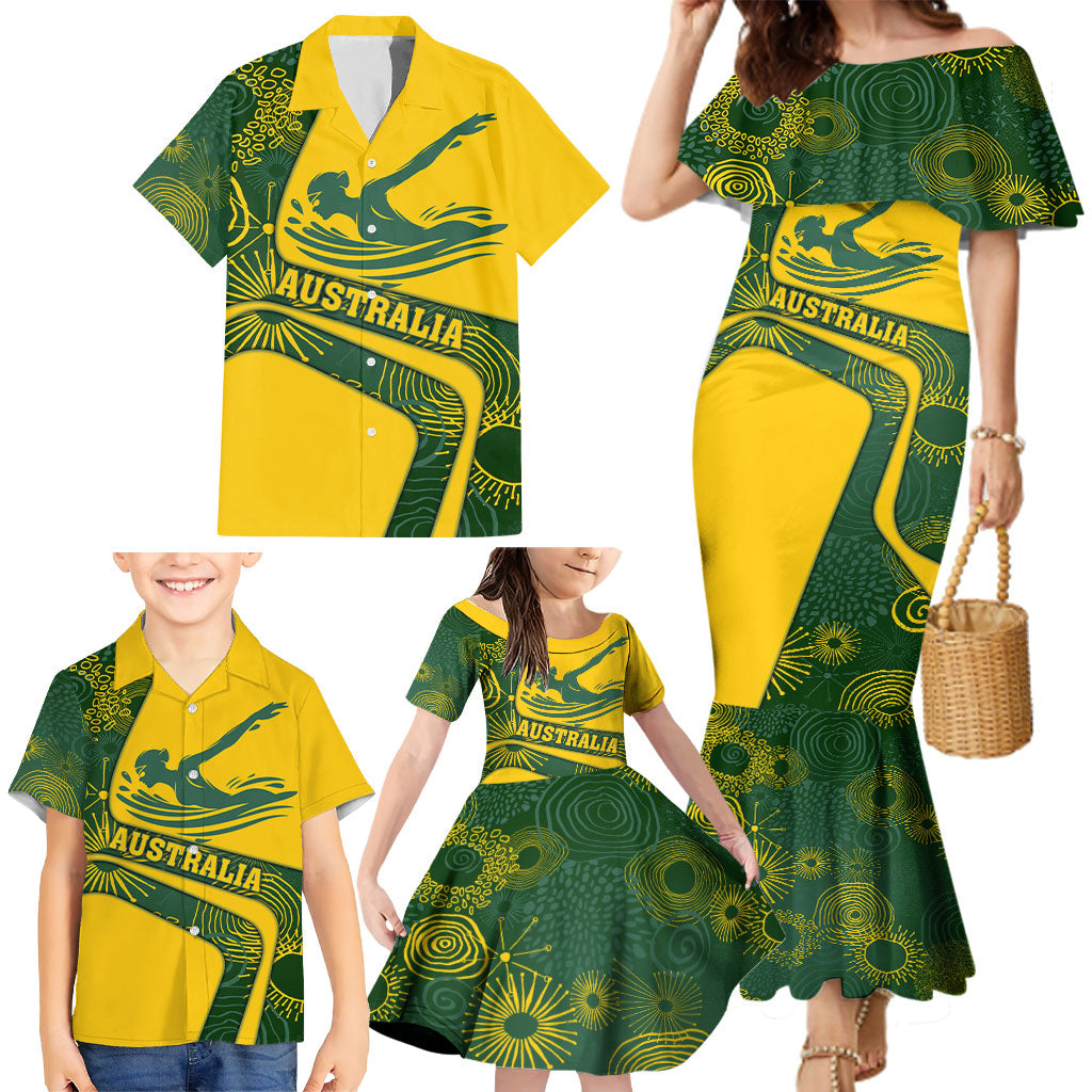 Personalized Australia Swimming Athlete Family Matching Mermaid Dress and Hawaiian Shirt Bold Swimmer Silhouette With Indigenous Pattern Accents
