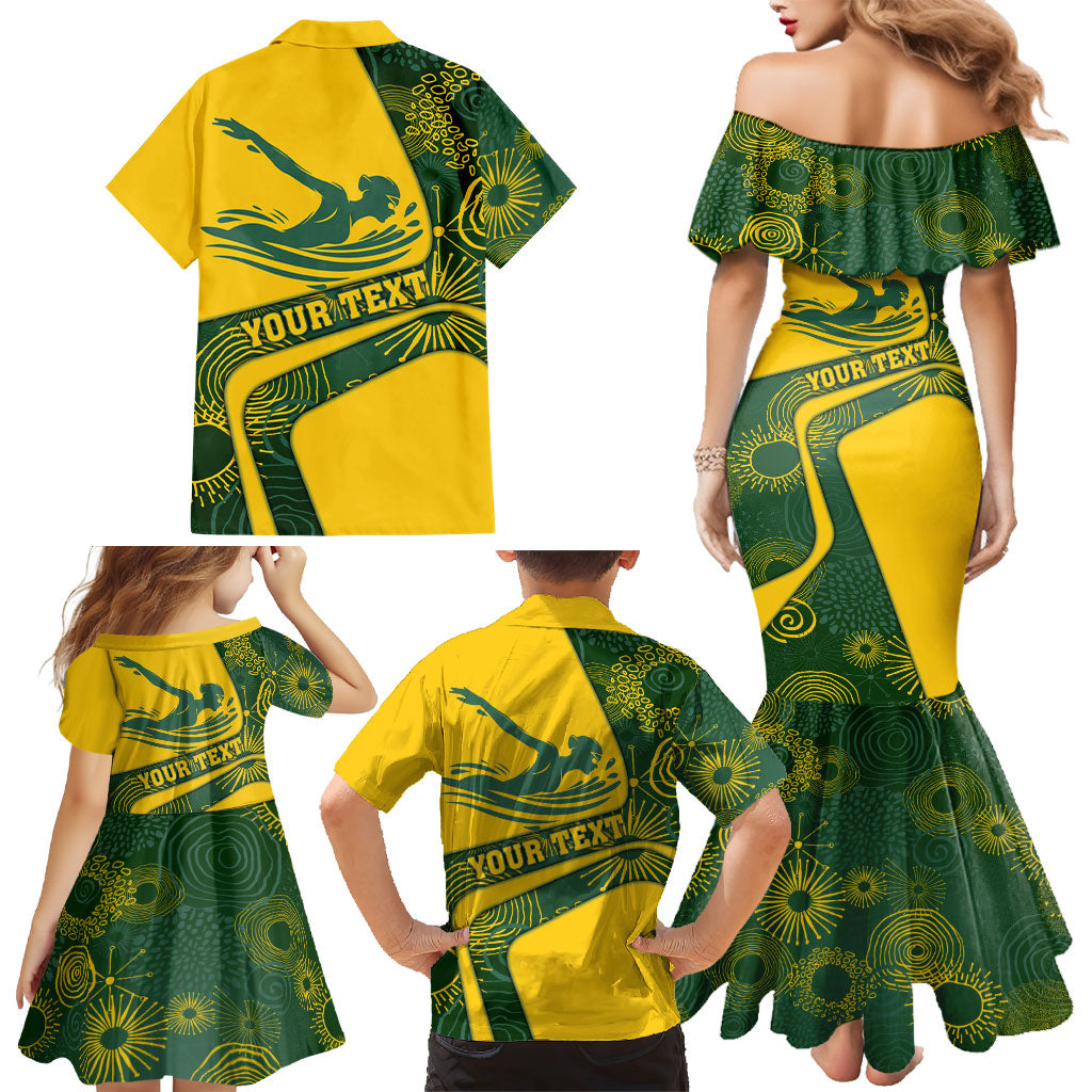 Personalized Australia Swimming Athlete Family Matching Mermaid Dress and Hawaiian Shirt Bold Swimmer Silhouette With Indigenous Pattern Accents