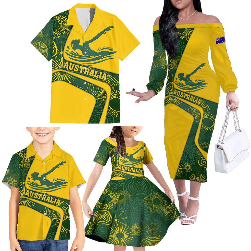 Personalized Australia Swimming Athlete Family Matching Off The Shoulder Long Sleeve Dress and Hawaiian Shirt Bold Swimmer Silhouette With Indigenous Pattern Accents