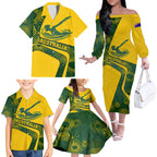 Personalized Australia Swimming Athlete Family Matching Off The Shoulder Long Sleeve Dress and Hawaiian Shirt Bold Swimmer Silhouette With Indigenous Pattern Accents