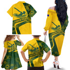Personalized Australia Swimming Athlete Family Matching Off The Shoulder Long Sleeve Dress and Hawaiian Shirt Bold Swimmer Silhouette With Indigenous Pattern Accents