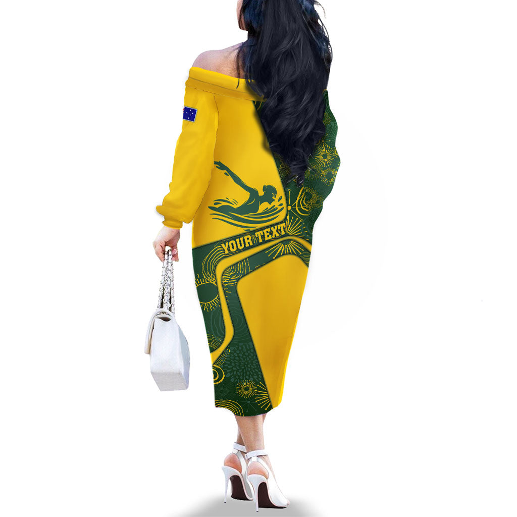 Personalized Australia Swimming Athlete Family Matching Off The Shoulder Long Sleeve Dress and Hawaiian Shirt Bold Swimmer Silhouette With Indigenous Pattern Accents
