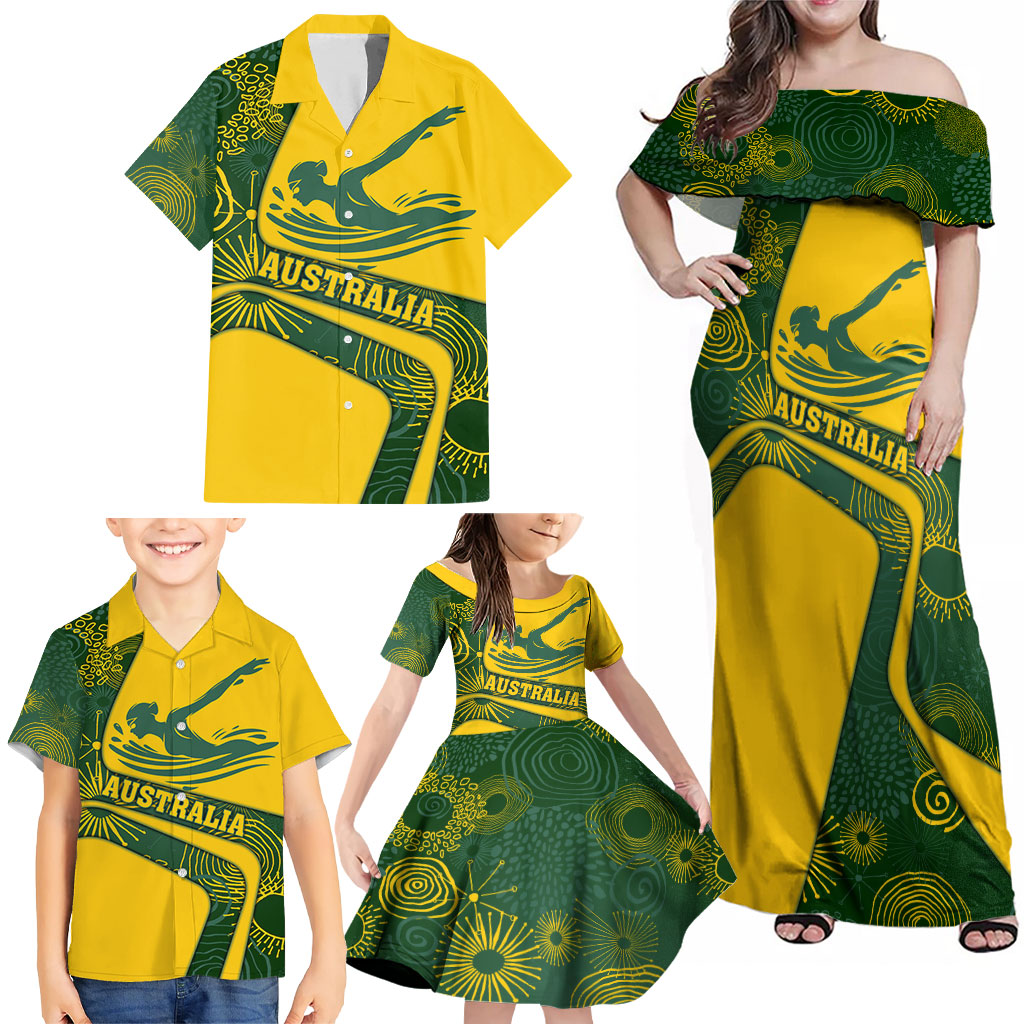 Personalized Australia Swimming Athlete Family Matching Off Shoulder Maxi Dress and Hawaiian Shirt Bold Swimmer Silhouette With Indigenous Pattern Accents