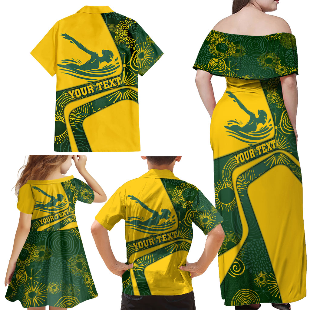 Personalized Australia Swimming Athlete Family Matching Off Shoulder Maxi Dress and Hawaiian Shirt Bold Swimmer Silhouette With Indigenous Pattern Accents