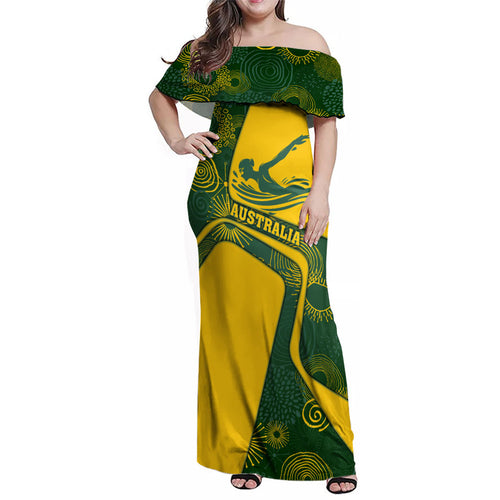 Personalized Australia Swimming Athlete Family Matching Off Shoulder Maxi Dress and Hawaiian Shirt Bold Swimmer Silhouette With Indigenous Pattern Accents